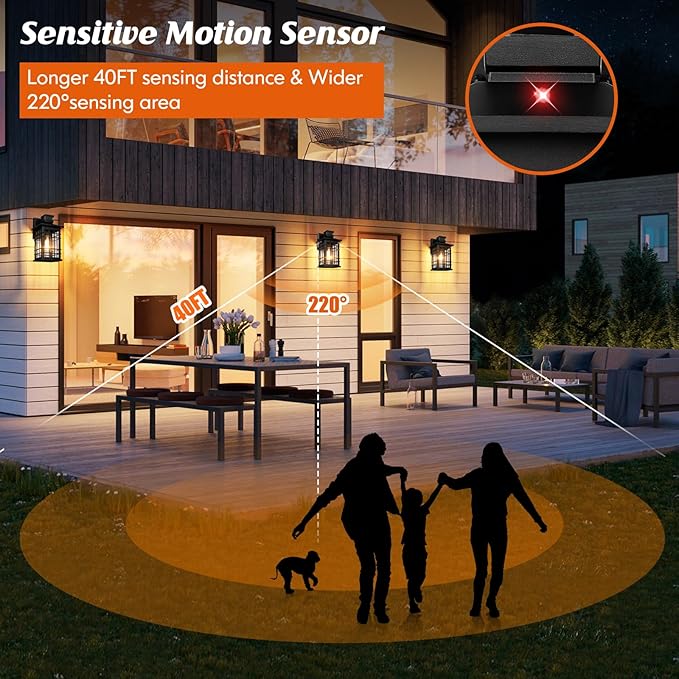 Motion Sensor Outdoor Wall Light Black, Dusk to Dawn Outside Porch Light Fixture Wall Mount, Waterproof Exterior Light Fixture with Seeded Glass, Matte Black Wall Sconce Lantern for House Patio Garage