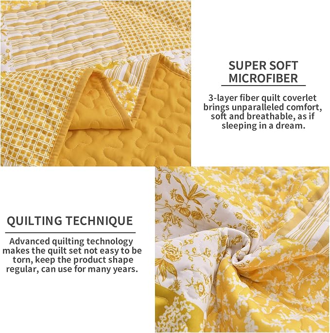 Mybedsoul Yellow Boho Quilt Set Queen Size, 3 Pieces Plaid Floral Bedspread - Image 3