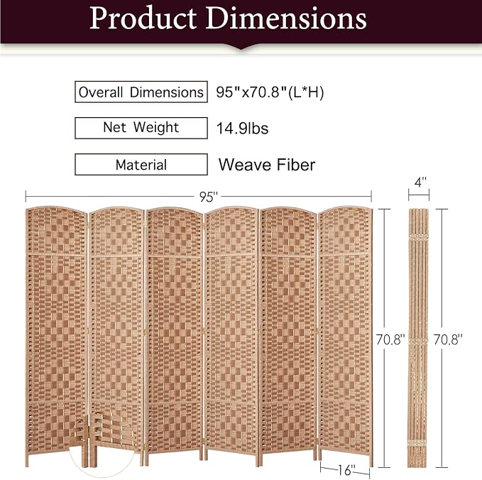 RHF Room Divider Panel, 6Panel Partition Room Dividers, Wall Divider, Natural | - Image 3