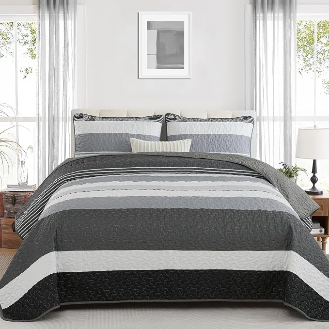 Dinjoy King Boho Striped Quilt Set, Balck White Lightweight Bedspread | Soft by DINJOY