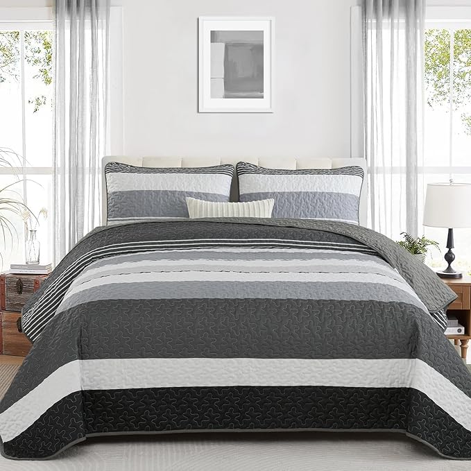 Dinjoy Queen Boho Striped Quilt Set, Balck White Lightweight Bedspread | Soft by DINJOY