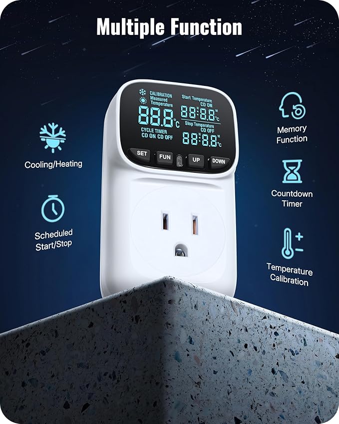WILAWELS Digital Temperature Controller Outlet, 15A/1800W Heavy Duty Thermostat Plug, VA LCD Display, Heating/Cooling Control, -40°F~210°F, 4 Timer Modes, for Greenhouse Incubator Homebrew W01TC06
