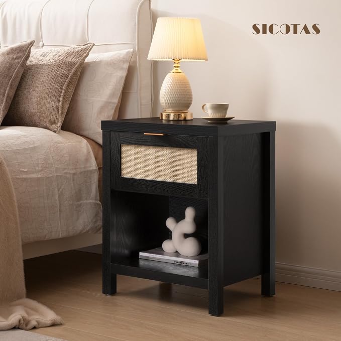 SICOTAS Black Rattan Nightstand Farmhouse Night Stands - Image 2