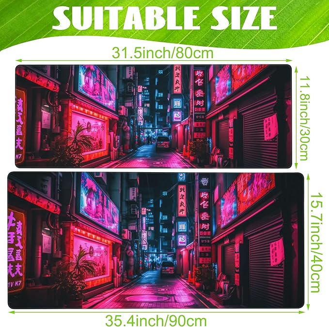 Eflxamz Desk Mat,Japanese Anime Neon Street Desk Pad,Anime City Large Gaming Mouse Pad for Desk,Extended Big Computer Keyboard Mouse Pad with Non-Slip Base and Stitched Edge,35.4"x15.7"