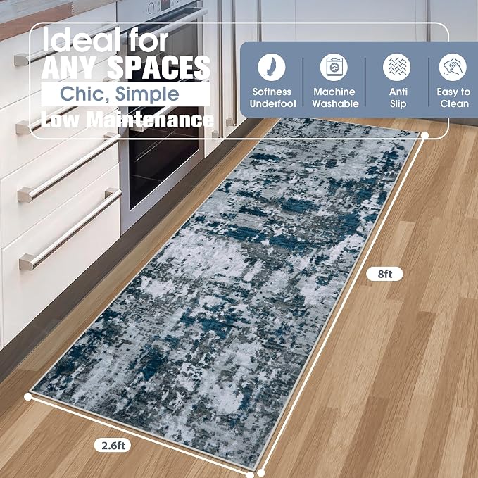 Aelenmu Runner Rugs for Hallways Kitchen 2.6x8 Non Slip Washable Navy Grey | - Image 2