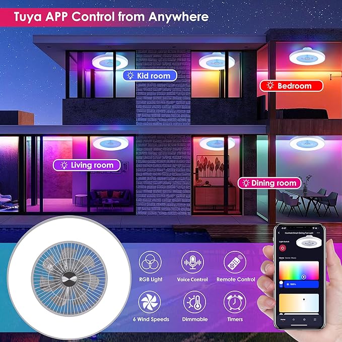HUMHOLD 24" Bladeless Ceiling Fans with Lights and Remote/APP/Voice Control, Low Profile Ceiling Fan with RGB Lights, Enclosed Flush Mount Ceiling Fan for Kid's Bedroom/Living Room
