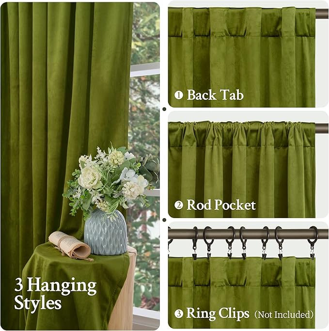 LAMIT Moss Green Velvet Blackout Curtains 84 Inch, Vintage Thermal Insulated Room Darkening Drapes for Living Room Back Tab and Rod Pocket Privacy Window Panels for Bedroom, 2 Panels, 52 x 84 Inch