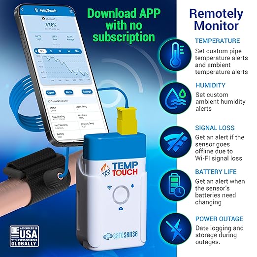 SafeSense TempTouch WiFi Pipe Clamp Temperature & Humidity Sensor – Smart Thermometer for Plumbing, HVAC, Ambient Monitoring – App-Controlled Wireless Temp Sensor with Velcro Pipe Strap