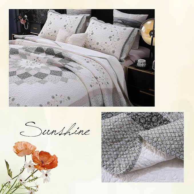 ROOMLIFE Quilt Set King Size 3D Floral Embroidery Pattern 3-Piece Cotton | - Image 7