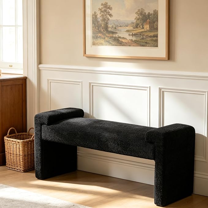 Upholstered Entryway Bench, Curved Armrests, Solid Wood Frame, End of Bed by CACFTII