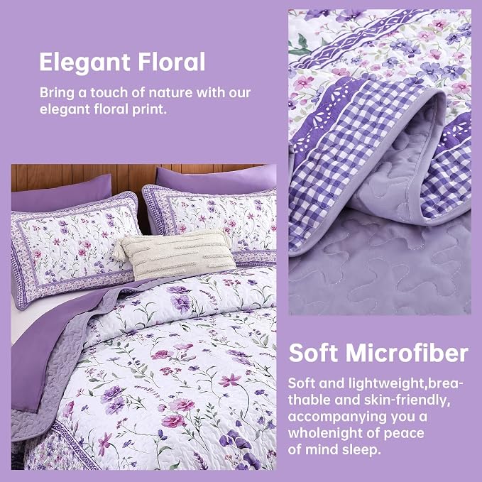 WONGS BEDDING Floral Quilt Set King, Cute Purple Flower Bedspread Coverlet | - Image 4