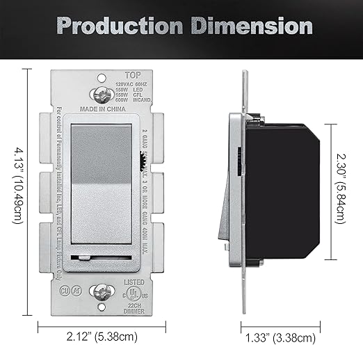 BESTTEN Matte Silver Dimmer Light Switch, Single Pole or 3-Way, Compatible with Dimmable LED, CFL, Incandescent and Halogen Bulb, 120VAC, Signature Collection Series, UL Listed