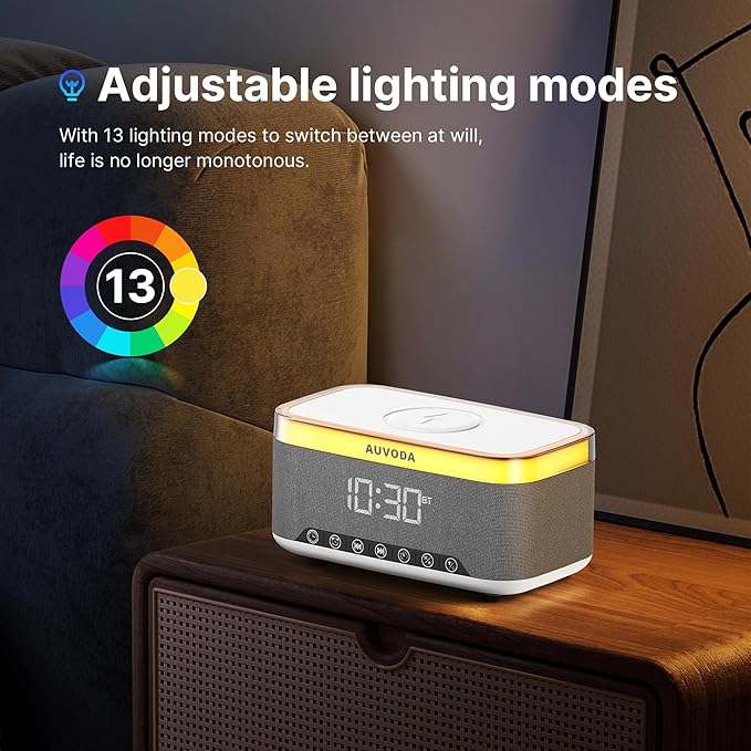 AUVODA S300 Portable Bluetooth Speaker with 15W Fast Wireless Charging, 13-Color Dimmable Night Light, White Noise, Alarm, FM Radio, 16W Stereo, BT5.3, TWS, for Home, Office, Bedroom (White)