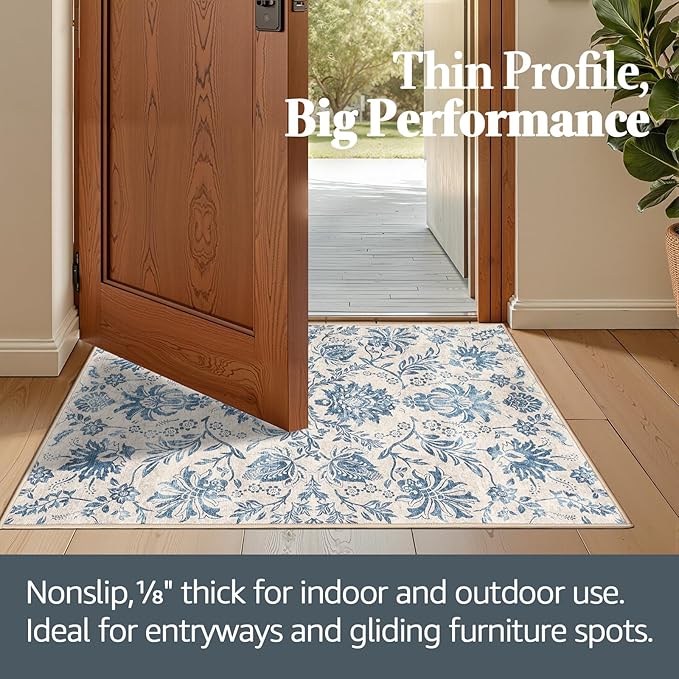 jinchan Torino Runner Rugs 3x8, Vintage-Inspired Floral Design Machine Washable Non-Slip Ultra-Thin Low-Pile Rubber Backing Traditional Rug for Kitchen Hallway Laundry Room Entryway Dark Blue