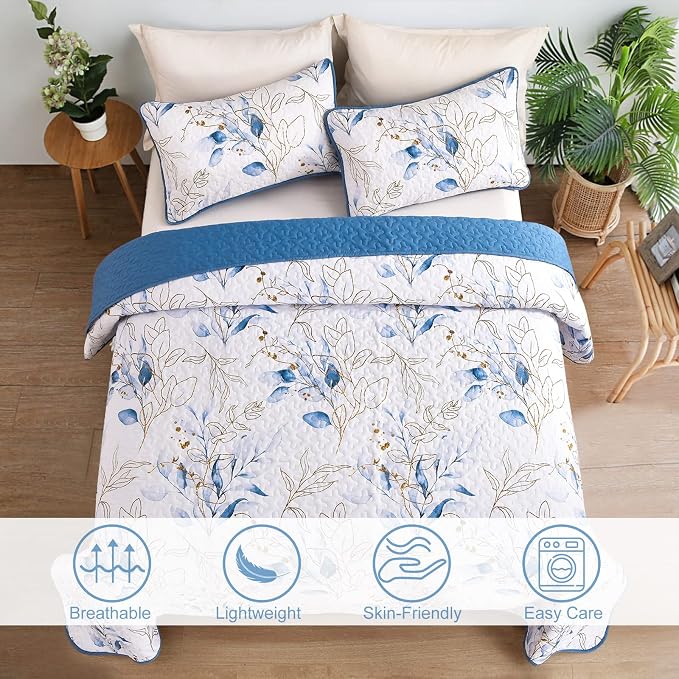 Anibedding Blue Quilt Set California King, Botanical Microfiber Bedspread | 3 - Image 2