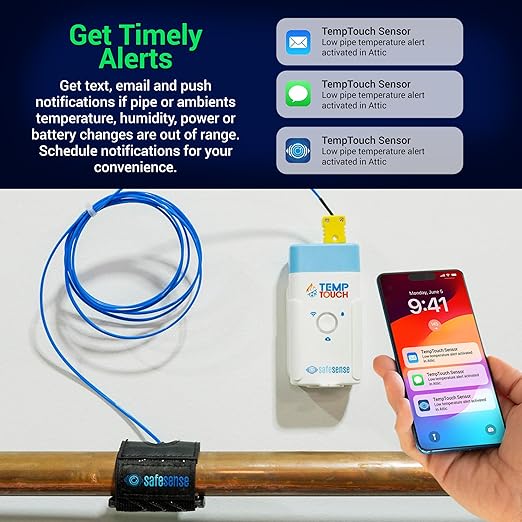 SafeSense TempTouch WiFi Pipe Clamp Temperature & Humidity Sensor – Smart Thermometer for Plumbing, HVAC, Ambient Monitoring – App-Controlled Wireless Temp Sensor with Velcro Pipe Strap