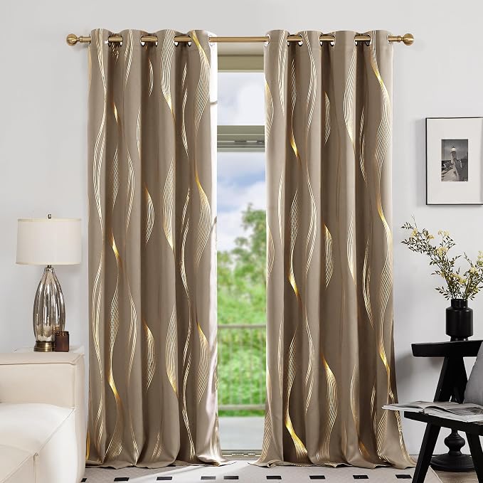 Deconovo Blackout Curtains, Wave Golden Foil Print Room Darkening Thermal by Unknown