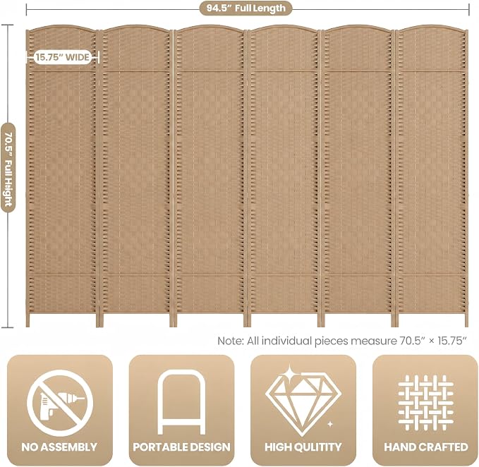 6 Panel Folding Room Divider, Woven Privacy Screen, Light Beige | Solid wood - Image 3