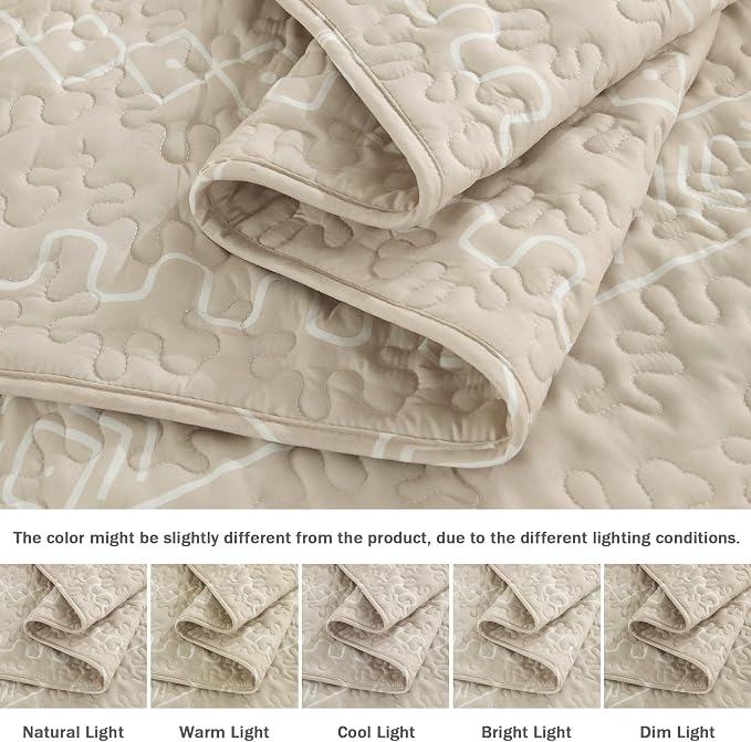 Beige King Size Quilt Set, 3 Pieces Boho Striped Bedspread | Soft Lightweight - Image 5