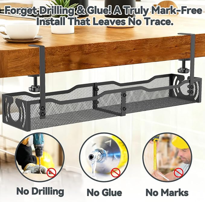 Cable Management, 25.3'' Under Desk Cable Management Tray No Drill | Metal - Image 4