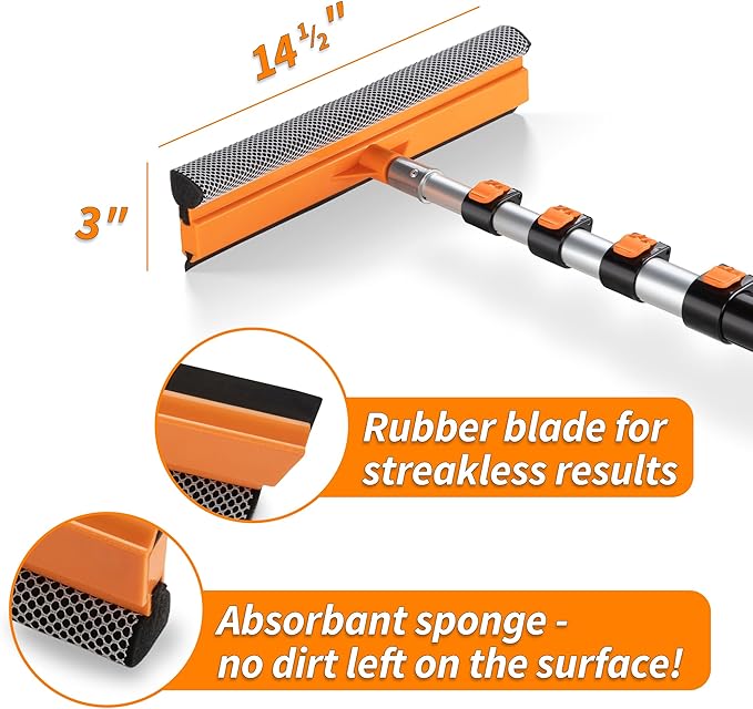 5-30 ft Window Washer Squeegee Kit with Extension Pole (36+ Foot Reach) // Long Handle Squeegee for Window Cleaning & Car Cleaning Multi-Use//Telescopic Professional Window Cleaning Squeegee for Home