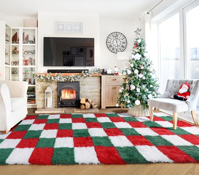 KICMOR Christmas 8x10 Area Rugs Living Room Carpet, Large Fluffy Red Green - Image 5