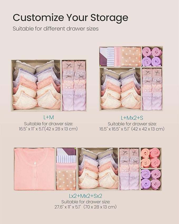 SONGMICS Drawer Organizer, Dresser Drawer Organizers, Set of 6, Foldable Fabric Storage Bins for Socks, Underwear, Bras, Ties, Scarves, Surmmer Sand URDZ006Y01