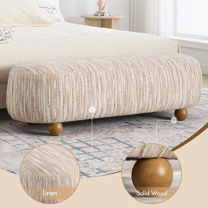 Hyfirm 54" Oatmeal Linen Upholstered Bench – Beige End of Bed Ottoman - Image 5