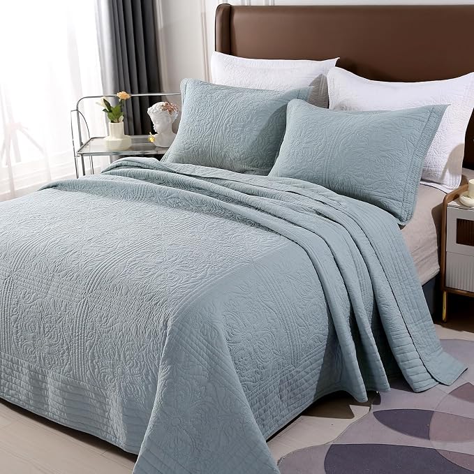ROOMLIFE Quilt Set Full Size 3D Floral Embroidery Pattern 3-Piece Cotton by ROOMLIFE