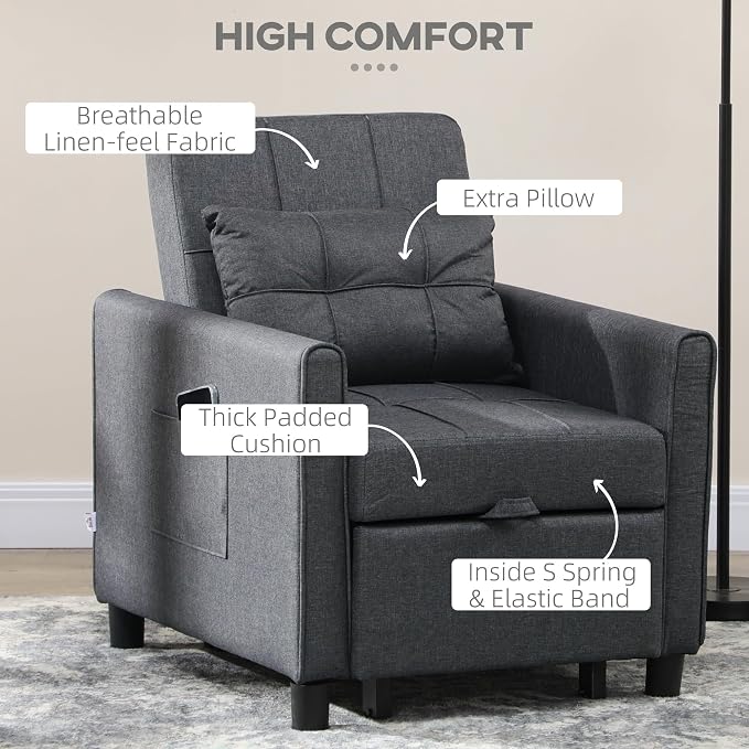 HOMCOM 3-in-1 Convertible Chair Bed Sleeper Chair Single Sofa Bed Gray | Pull - Image 4