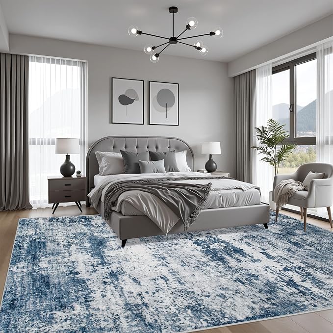 10x12 Area Rug Living Room: Modern Washable Indoor Soft Carpet Blue | - Image 3
