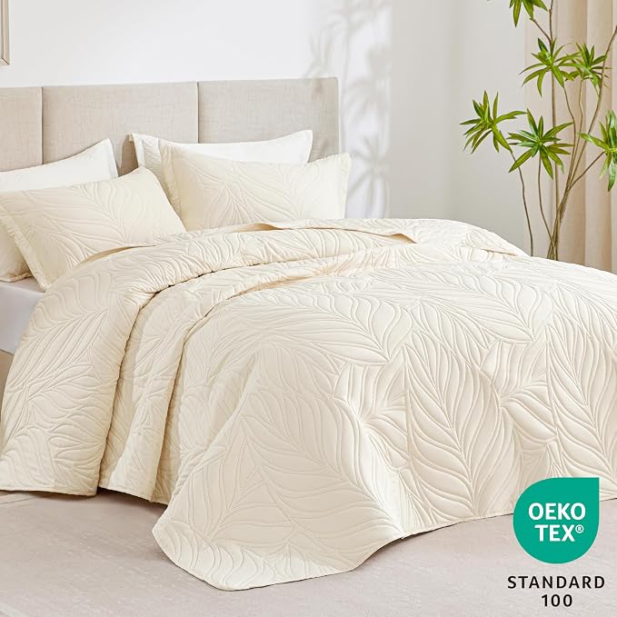 EXQ Home Queen Quilt Set Leaf Pattern Beige Bedspread | Bedding Set - Image 3