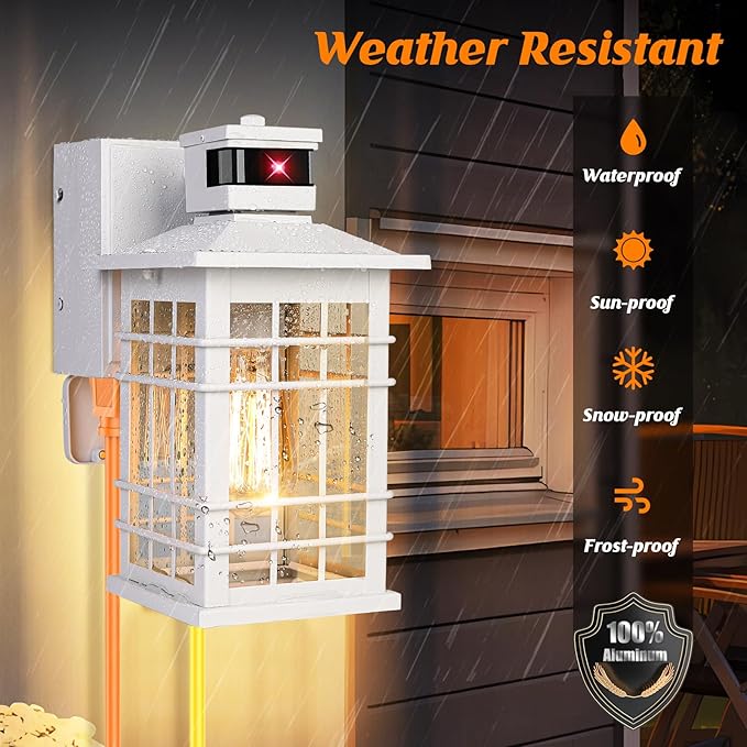 Porch Light with GFCI Outlets Built-in, Motion Sensor Dusk to Dawn Outdoor Light Fixture Wall Lantern, Aluminum Anti-rust Outside Wall Sconce Front Door, White Exterior Wall Light for Patio Garage