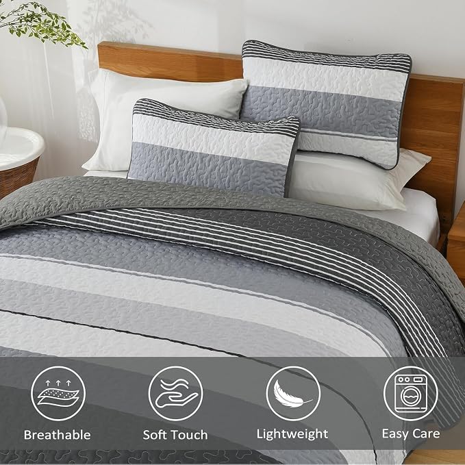 Dinjoy Full Boho Striped Quilt Set, Balck White Lightweight Bedspread | Soft - Image 3