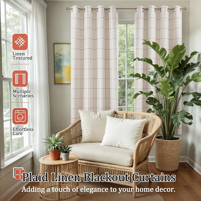 Plaid Blackout Curtains for Bedroom, 52x63 Inch 2 Panels, Terracotta | Boho - Image 2