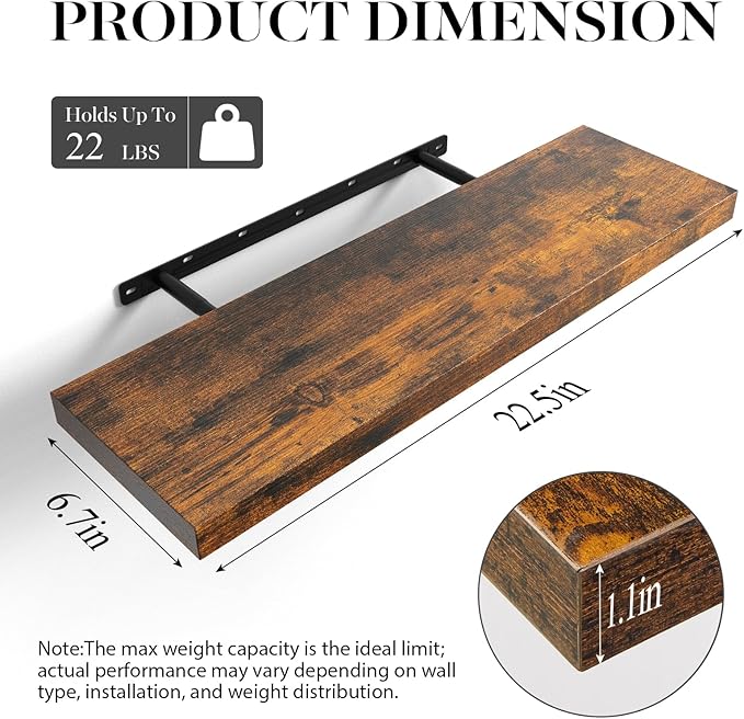 BAYKA Rustic Brown Floating Shelves 22.5in, 3 Pack, Wall Mount Wood Shelf | - Image 3