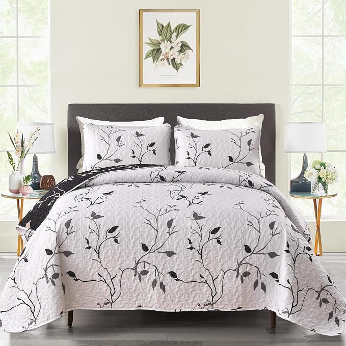 DJY Floral Quilt Set Full/Queen Size 3 pcs Botanical Bedspread, Elegant - Image 2