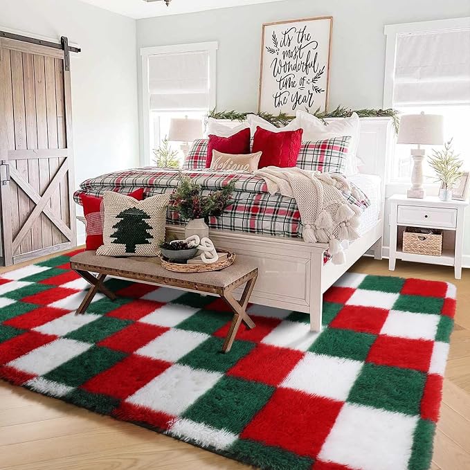 KICMOR Christmas 8x10 Area Rugs Living Room Carpet, Large Fluffy Red Green - Image 2