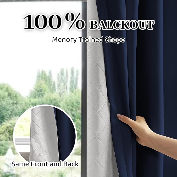 100% Blackout Thermal Insulated Curtains, 3 Layers Noise Absorbing, Soundproof Back Tab Drapes for Sliding Glass Door Baby Nursery Bedroom with Hooks, Navy Blue 50x108 Inch Set of 1