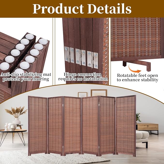 Bamboo Room Divider 6 Panel 47" H, 360°Rotating Feet Privacy Screen, Portable - Image 6