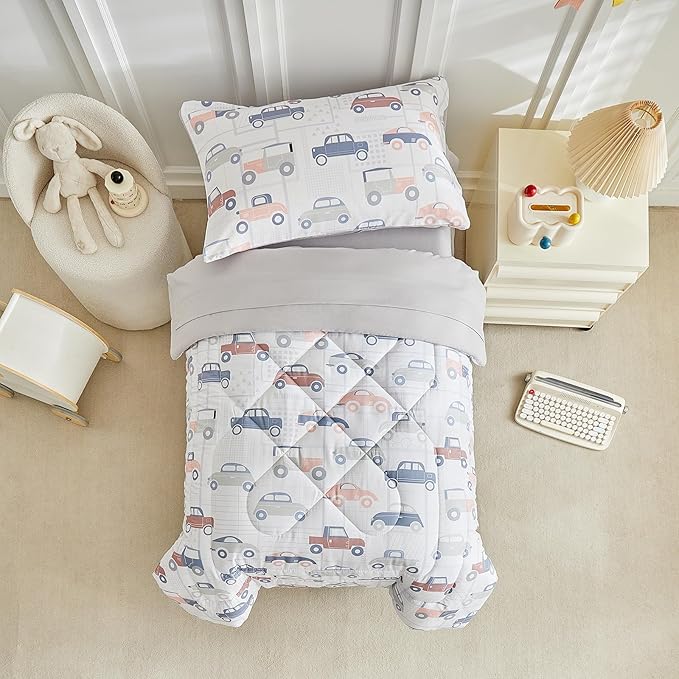 JHXHMX Car Toddler Bedding Set for Boys,4 Piece Bed-in-a-Bag Toddler Comforter Set,Soft Crib Bed Set Including Comforter,Flat Sheet,Fitted Sheet and Pillowcase-Gray