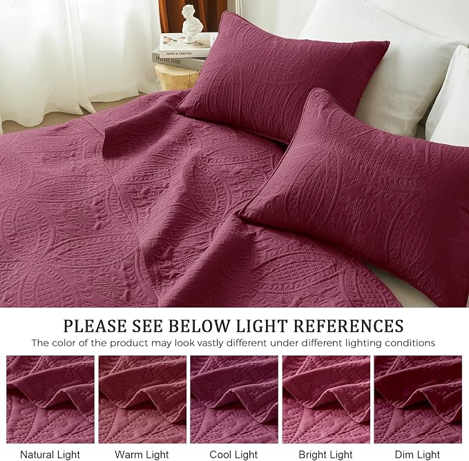 akkialla Burgundy King/Cal King Quilt Set, Ultrasonic Lightweight Bedspread - Image 5