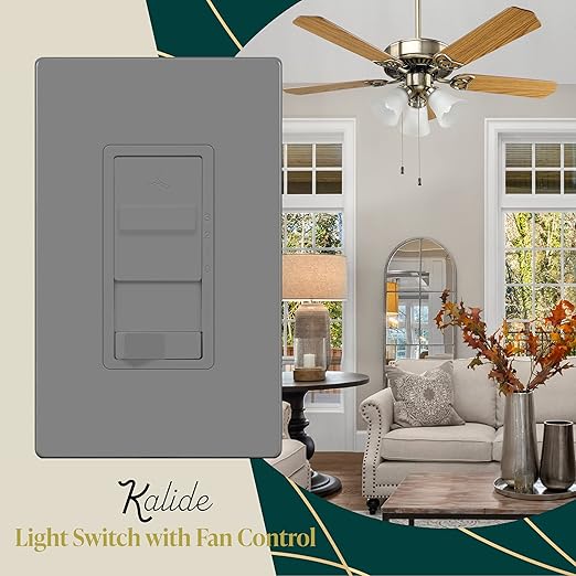 TOPGREENER Kalide Light Switch and 3-Speed Ceiling Fan Control Combo, in Wall Light and Fan Combination Switch, Single Pole, 2.5A, 720W, Neutral Wire Not Required, TGSFS3-GY Gray (Grey)