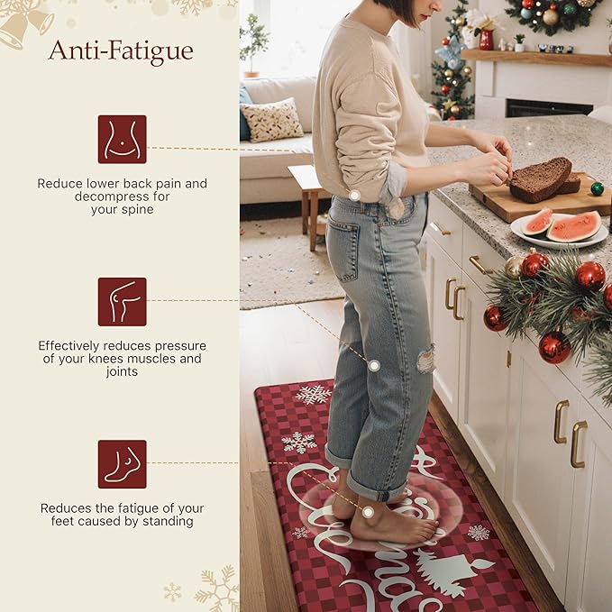 GENIMO Christmas Decorations - Kitchen Mats for Floor, 2PCS Christmas Kitchen Rugs, Cushioned Anti Fatigue Mat for Home Decor, Waterproof Non Slip Standing Mat for Laundry, 17.3"x47"+17.3"x30", Red