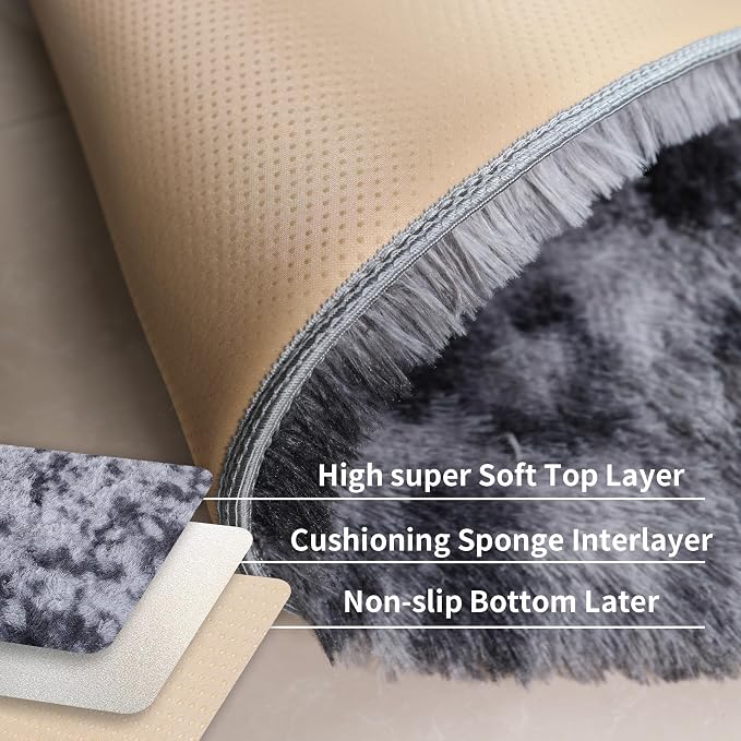 Grey Fluffy 8x10 Area Rug, Tie-Dye Dark Gray Soft Washable Shag Carpet | Cute - Image 2