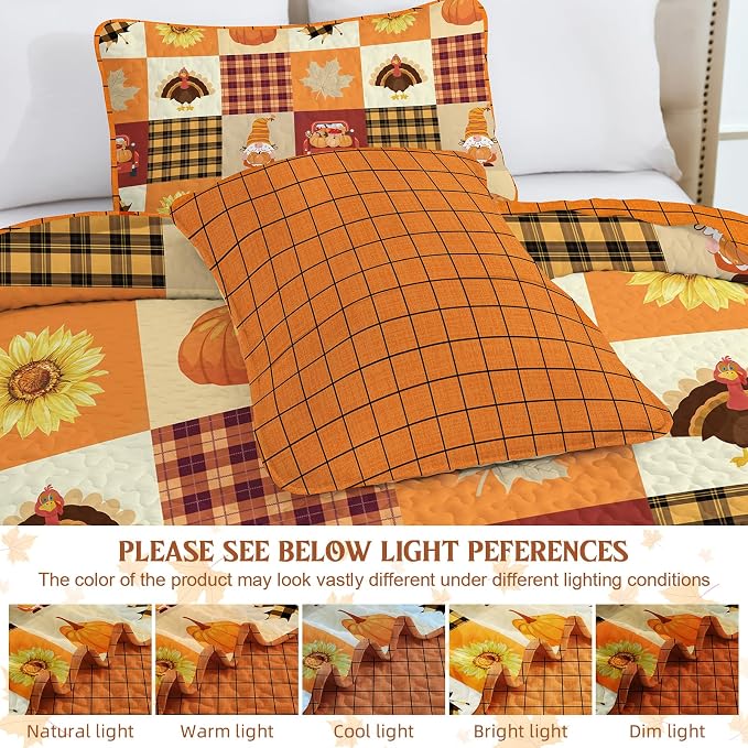 Fall Patchwork Quilt Set Queen Size 3 Piece Thanksgiving Bedding Set Orange | - Image 7