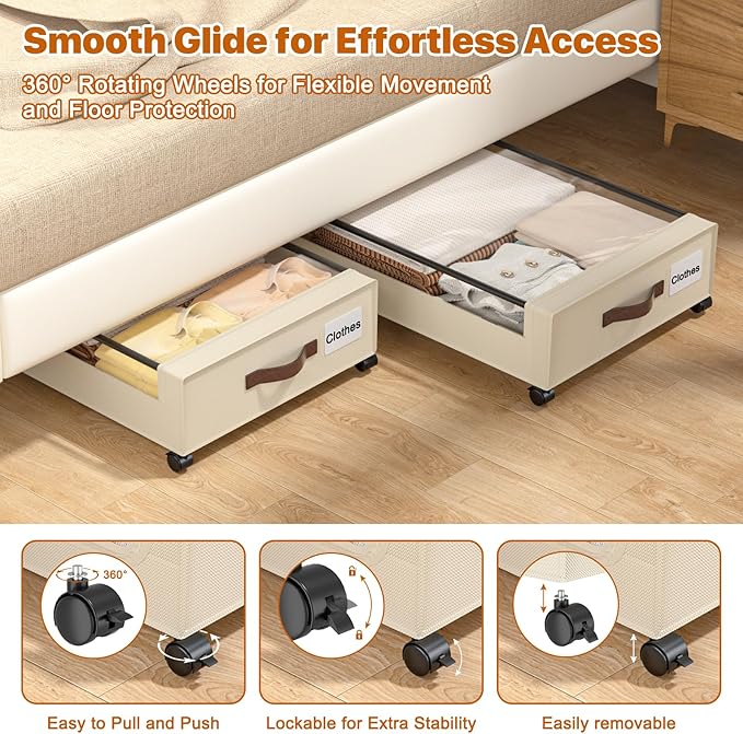 Under Bed Storage with Wheels,XXL 60L Under Bed Storage Containers with Clear Lids, Rolling Under Bed Metal Drawer for Clothes, Shoes,Toys (White, 2 Pack)