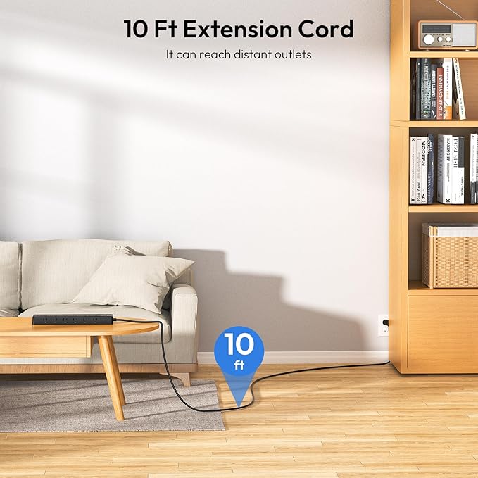 24 Widely Outlets Extension Cord 10 Ft NTONPOWER 15A/1875W Power Strips with Surge Protection 4000J,Black Extension Cord Surge Protector with 4 USB Ports(2 USB C), Wall Mount Holes for Home, Office