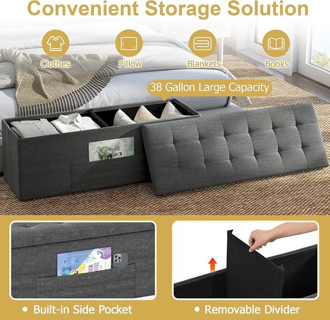 43" Folding Storage Ottoman Bench, End of Bed Foot Rest Stool - Image 5