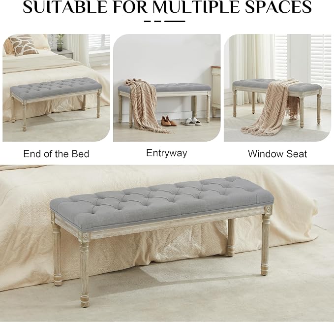 LOULENS 43.9" Linen End of Bed Bench, Vintage Bedroom Bench, Light Grey | French - Image 7